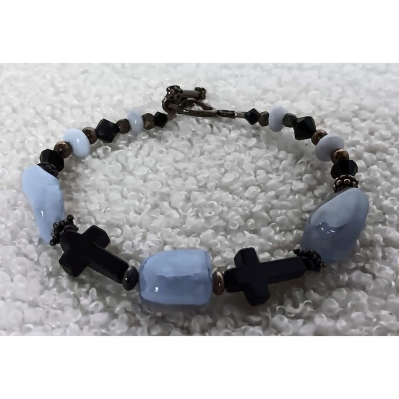 Artisan Sterling Silver Blue Lace Agate & Black Onyx Cross Bracelet 7.5 in - Picture 1 of 11